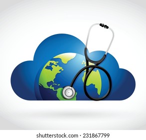 cloud globe and stethoscope illustration design over a white background