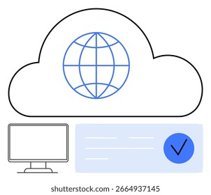 Cloud with globe symbol representing global connectivity, computer monitor for user interface, and checkbox iconifying data security. Ideal for technology, communication, internet, data storage