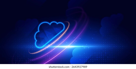 Cloud glowing futuristic technology connected digital servers on dark blue background. Vector illustration