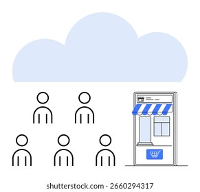 Gráfico en la nube, escaparate en línea en tonos azules junto a varias figuras de pulgares humanos hacia arriba. Ideal para comercio electrónico, transformación digital, participación de Clientes, compras en línea, tecnología en la nube, venta minorista