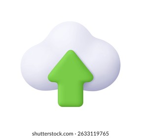 Cloud with green upload and download arrow. Media loading, data transfer, cloud storage and cloud computing. 3d vector icon. Cartoon minimal style.