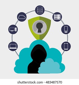 Cloud hacker padlock and icon set. Cyber security system and media theme. Colorful design. Vector illustration