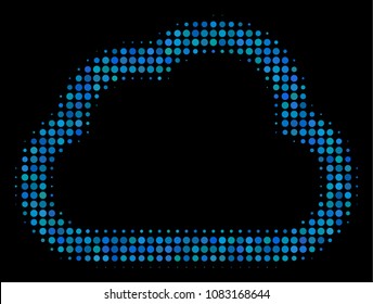 Cloud halftone vector icon. Illustration style is dotted iconic cloud symbol on a black background. Halftone matrix is made of circle elements.