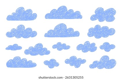 Cloud hand drawn children grunge design. Drawing sky clouds abstract crayon texture doodle icon.