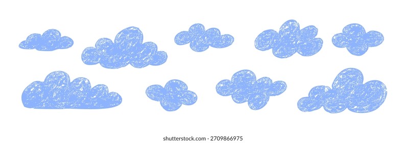 Cloud hand drawn children grunge design. Drawing sky clouds abstract crayon texture doodle icon.