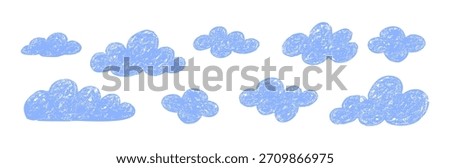 Cloud hand drawn children grunge design. Drawing sky clouds abstract crayon texture doodle icon.