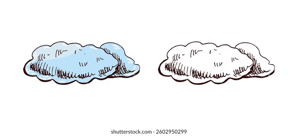 Cloud hand drawn sketch in color and monochrome version, cartoon weather icon illustration