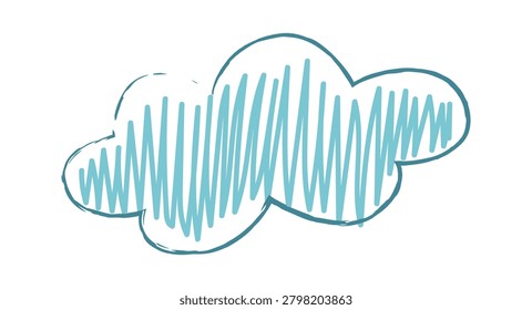 Cloud with hand-drawn outline and crayon scribble fill, rough texture and uneven strokes. Symbol of daydream, imagination, weather mood, and childhood whimsy. Cartoon vector illustration.