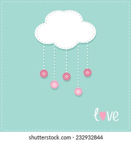 Cloud with hanging rain button drops. Dash line Love card Flat design Vector illustration.
