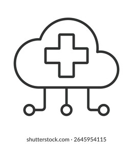 Saúde em nuvem, ícone em design de linha. Saúde em nuvem, saúde digital, saúde em linha, telemedicina, armazenamento em nuvem, segurança de dados, cuidados de saúde em linha sobre vetor de fundo branco. Saúde em nuvem, editável 