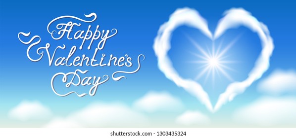 Cloud heart in blue sky with clouds and calligraphic handwritten congratulatory text