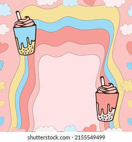 Cloud, Heart And Cup Of Milkshake With Boba Illustration On Rainbow Background. Pastel Color, Hand Drawn Vector. Pink, Red, Blue And Yellow Colors. Wallpaper, Birthday Card, Poster, Greeting Card.