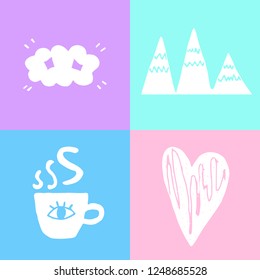 Cloud, heart a cup of tea / coffee, mountains. Vector illustration