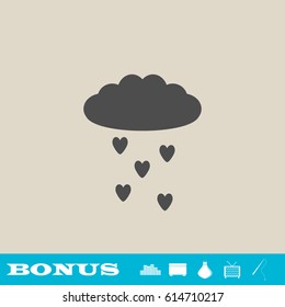 Cloud and heart rain icon flat. Grey pictogram on light background. Vector illustration symbol and bonus button real estate, ottoman, vase, tv, fishing rod