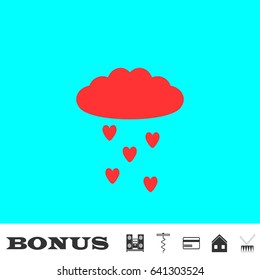 Cloud and heart rain icon flat. Red pictogram on blue background. Vector illustration symbol and bonus buttons Music center, corkscrew, credit card, house, drum