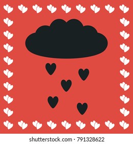 Cloud and heart rain icon flat. Simple black pictogram on red background with white hearts for valentines day. Vector illustration symbol