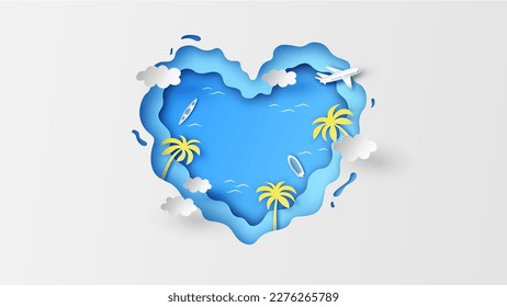 Cloud heart shape aerial view in the middle of Sea. Top view of tropical island in the ocean. paper cut and craft style. vector, illustration.