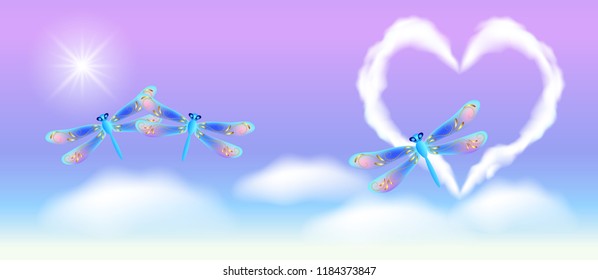 Cloud heart in the sky and fantasy dragonfly with golden ornament