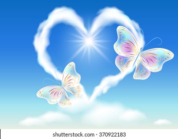 Cloud heart in the sky and transparent butterflies