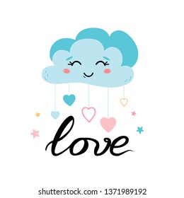 Cloud heart ute character Smiling blue cloud for kids room poster. Vector illustrations. Blue smiling cloud with dropping hearts. Blue baby shower card White background. Colorful hearts print.