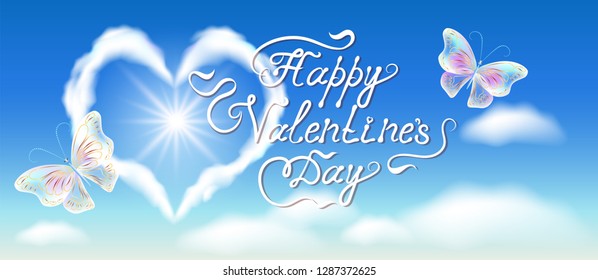 Cloud hearts in blue sky with clouds, butterflies and calligraphic handwritten congratulatory text