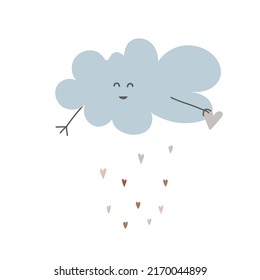 Cloud with hearts cute vector paint for baby night dreams decoration on white background. Universe sky elements paintings for kids fabric and postcards