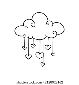 A cloud with hearts. A hand-drawn cloud in doodle style. Contour vector illustration.