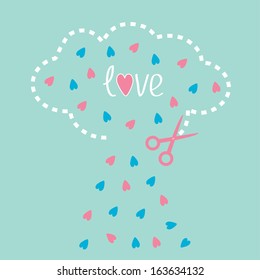 Cloud with hearts inside and scissors. Love card. Vector illustration.