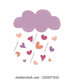Cloud with hearts rain. Valentines Day design flat element. Vector illustration of cute love cloud.
