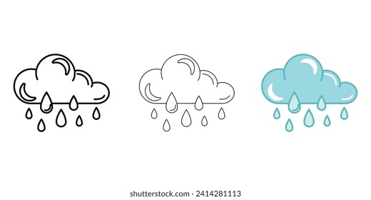 Cloud with heavy rain Weather Icon vector image on white background. Three icons thick, thin, colored outline. Can be used for mobile apps, web apps and print media