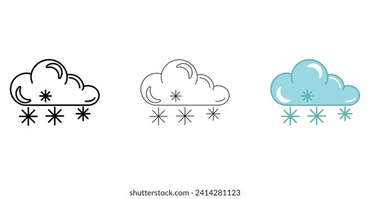 Cloud with heavy snow Weather Icon vector image on white background. Three icons thick, thin, colored outline. Can be used for mobile apps, web apps and print media