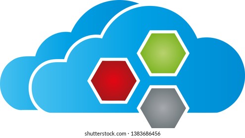 Cloud and hexagons in color logo