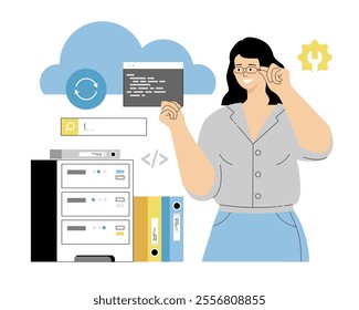 Cloud Hosting Computing Service. Cloud Storage Technology. Woman engineer working with servers and databases, backup information. Vector illustration on isolated white background.	
