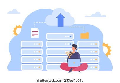 Cloud hosting concept. Worker with laptop sits near electronic storage or archive. Upload and download. Remote employees working on common project. Cartoon flat vector illustration