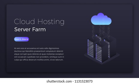 Cloud hosting. Data hosting cloud server isometric concept. Modern cloud technology hero image design