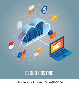 Cloud hosting flowchart vector isometric illustration. Data center with hosting server racks in cloud connected with laptop.