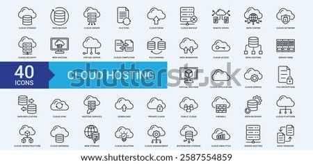 Cloud hosting icon collection set with cloud storage, data backup, cloud server, file sync