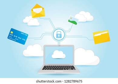 Cloud hosting network design for business, banner, computer, laptop