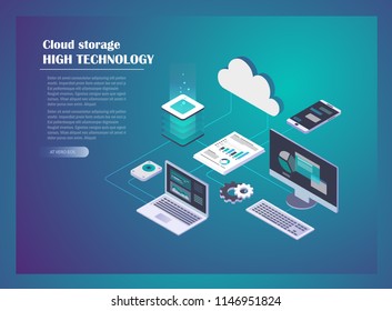 Cloud Hosting Network isometric concept. Online Computing Storage concept. Computer, Laptop, Mobile phone, hard drive connection on blue background. Design for Landing Page. Vector illustration