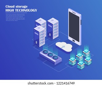 Cloud Hosting Network isometric concept. Online Computing Storage concept.  Smartphone, server racks connection on blue background. Design for Landing Page. Vector illustration