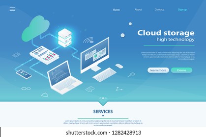 Cloud Hosting Network isometric concept. Online Computing Storage concept. Concepts Cloud storage. Header for website with Computer, laptop, smartphone. Isometric Cloud Hosting Network Banner Design.