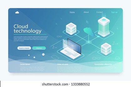 Cloud Hosting Network isometric concept. Online Computing Storage concept. Concepts Cloud storage. Header for website with Computer, laptop, smartphone. Isometric Cloud Hosting Network Banner Design.