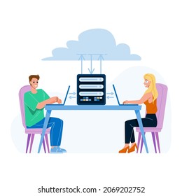 Cloud Hosting Storage Service Using People Vector. Cloud Hosting Data Server Use Man And Woman Users For Uploading And Downloading Computer Digital Files. Characters Flat Cartoon Illustration