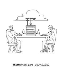 Cloud Hosting Storage Service Using People Black Line Pencil Drawing Vector. Cloud Hosting Data Server Use Man And Woman Users For Uploading And Downloading Computer Digital Files. Characters