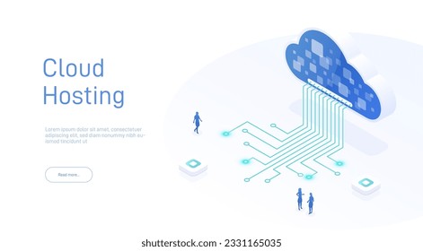 Cloud hosting and technology networking concept. Web cloud technology business. Internet data services. Cloud storage. Internet equipment industry. Abstract hosting server. Isometric 3d illustration.