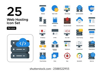 Cloud Hosting and Web Management. Website Deployment, Domain Registration, and Digital Security. Vector Illustration. Flat icon set