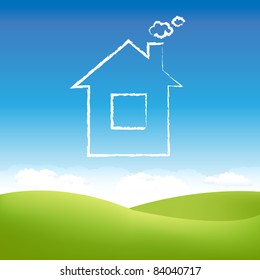 Cloud House In Air Over Grass Field, Vector Illustration