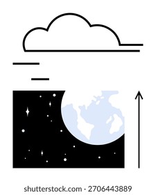 Nuvem pairando acima da Terra contra um pano de fundo estrelado com seta para cima. Ideal para inovação, progresso, tecnologia, exploração, natureza, futurismo, curiosidade. Metáfora de linha
