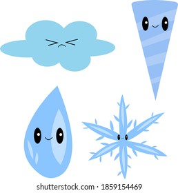 cloud Icicle drop of water and snowflake cartoon characters on white background concept of winter and cooling