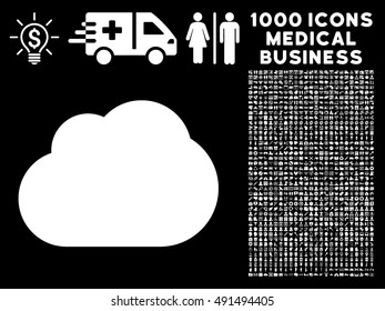 Cloud icon with 1000 medical business white vector pictograms. Collection style is flat symbols, black background.